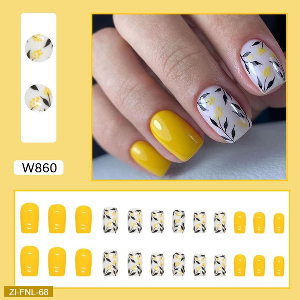 Yellow Square Shape with White Ginger Leaf Fake Nails  - 24Pcs