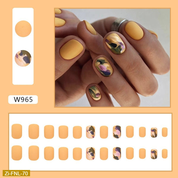 Autumn Frosted Cheese Yellow Irregular Graffiti Fake Nails  - 24Pcs