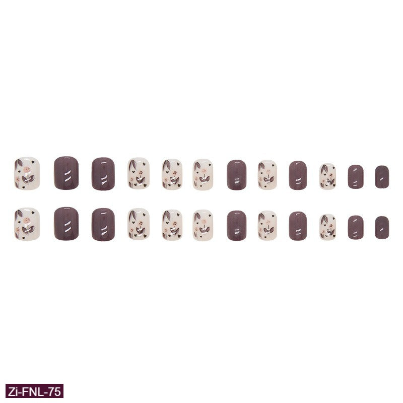 Short Solid Color Grape Purple Flower Manicure Fake Nails  - 24Pcs