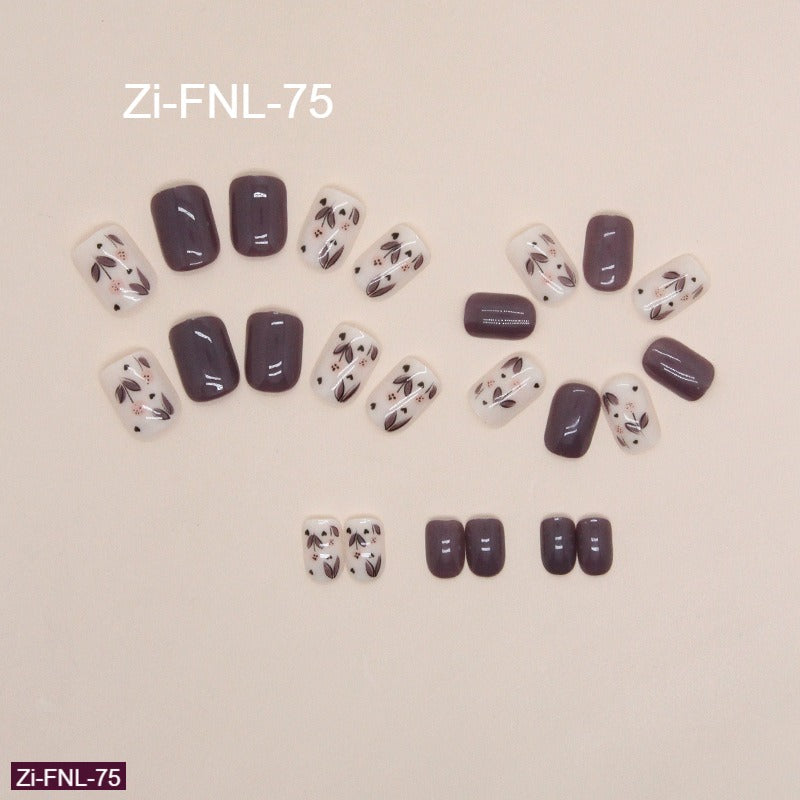 Short Solid Color Grape Purple Flower Manicure Fake Nails  - 24Pcs