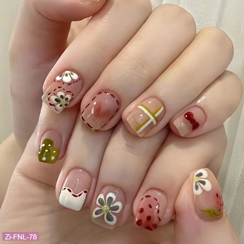 Cute and Sweet Graffiti Flower Fake Nails  - 24Pcs