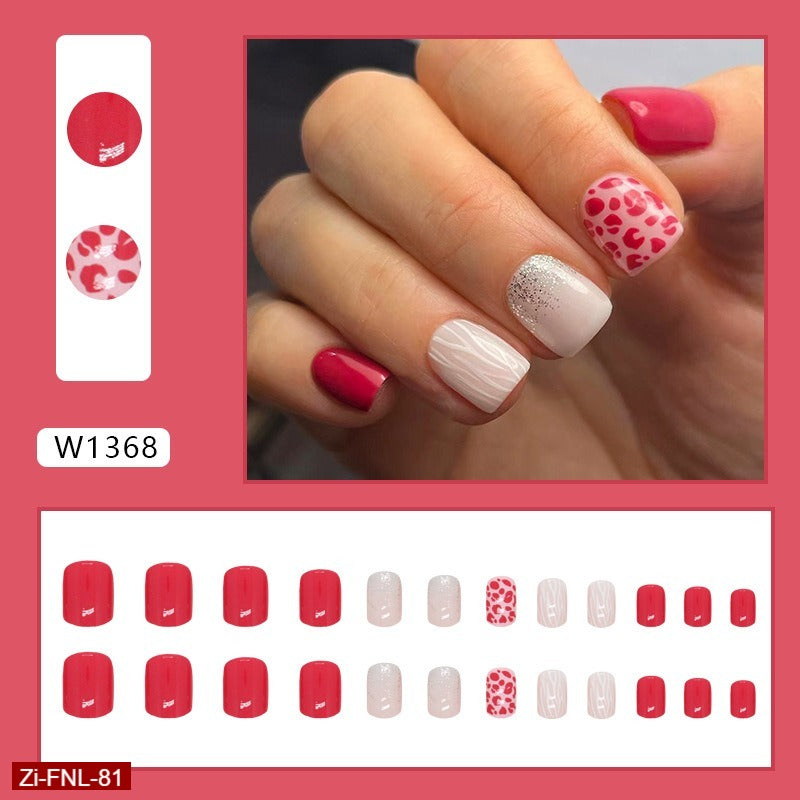 Short Red Solid Leopard Print Square Fake Nails  - 24Pcs