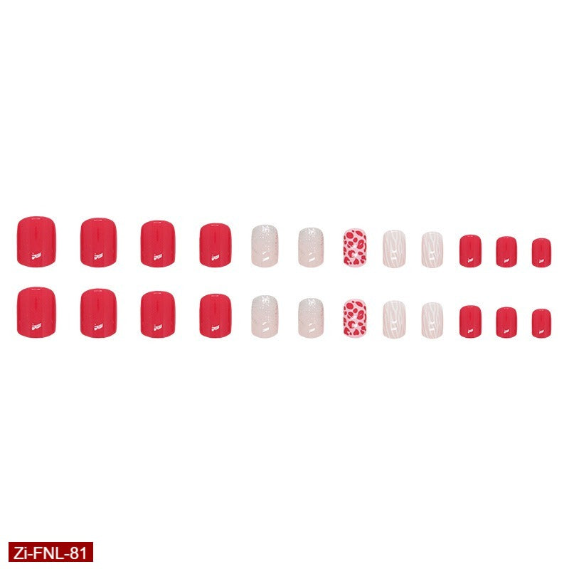 Short Red Solid Leopard Print Square Fake Nails  - 24Pcs