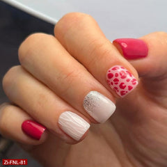 Short Red Solid Leopard Print Square Fake Nails  - 24Pcs