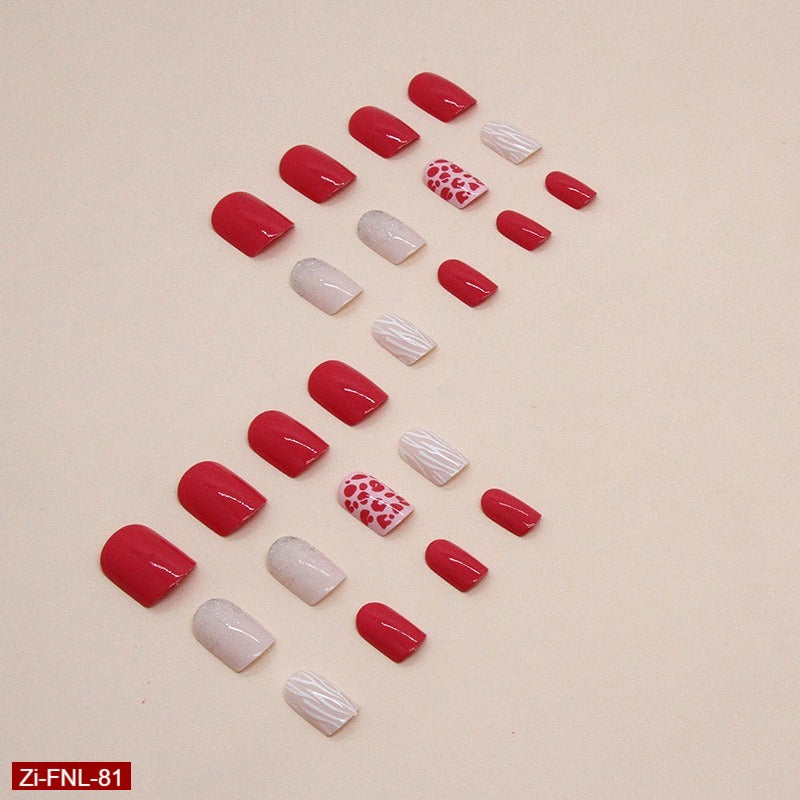 Short Red Solid Leopard Print Square Fake Nails  - 24Pcs