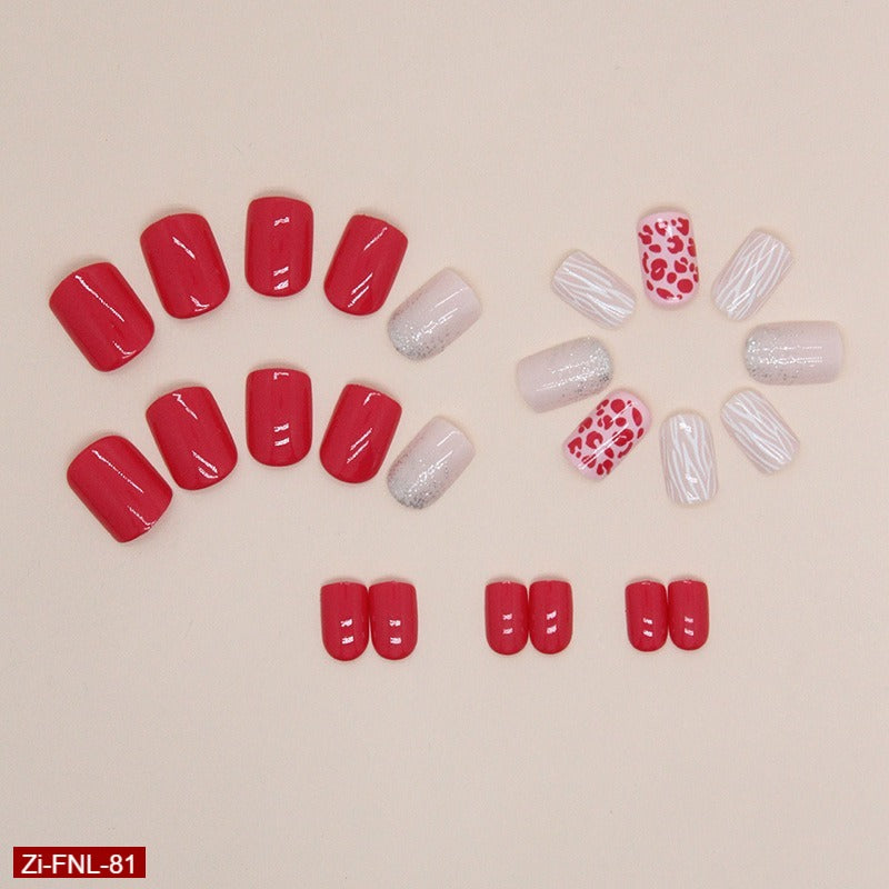 Short Red Solid Leopard Print Square Fake Nails  - 24Pcs