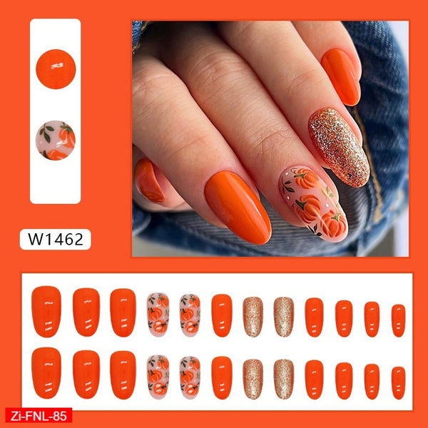 Orange Cute Crystal Pumpkin Glitter Fake Nails  - 24Pcs