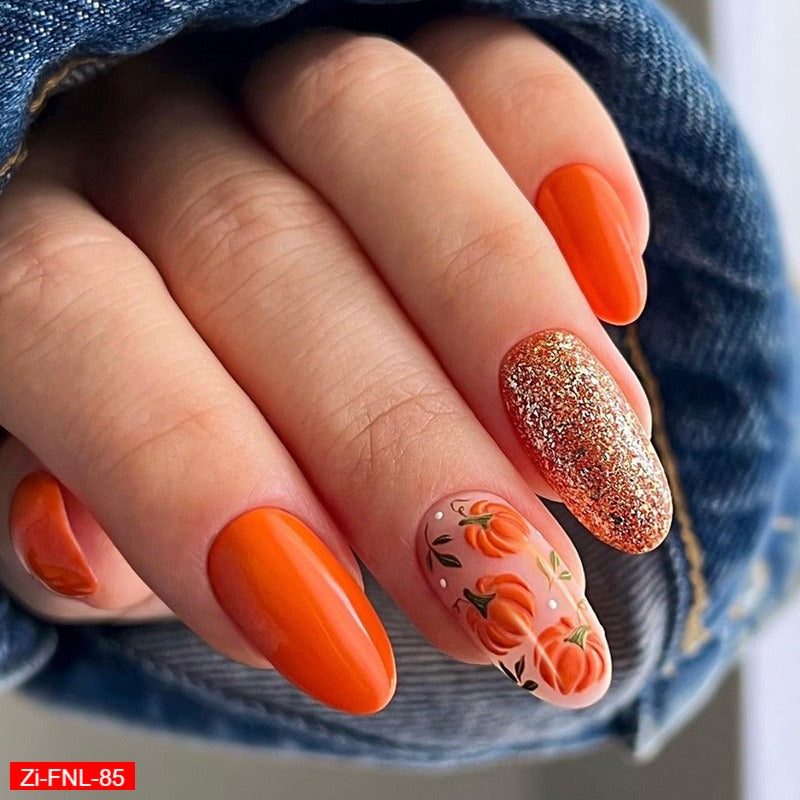 Orange Cute Crystal Pumpkin Glitter Fake Nails  - 24Pcs