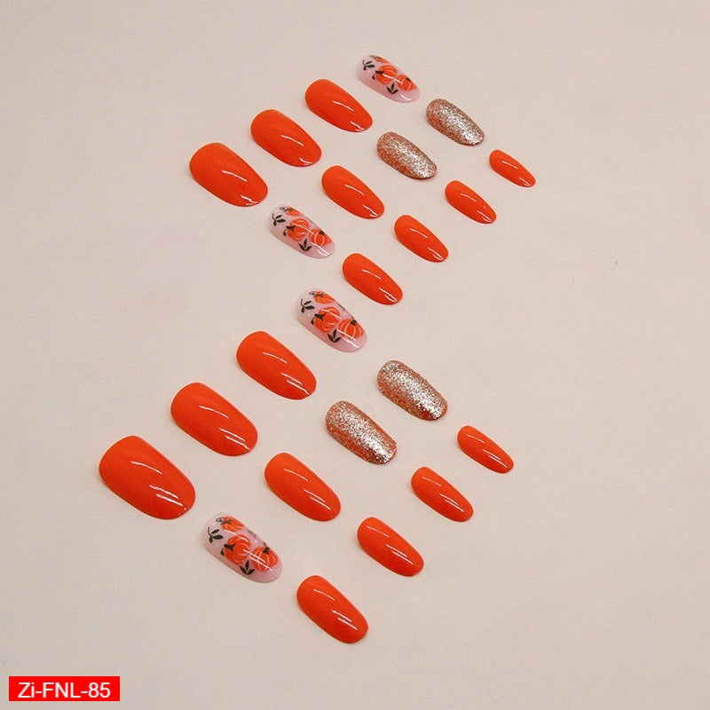 Orange Cute Crystal Pumpkin Glitter Fake Nails  - 24Pcs