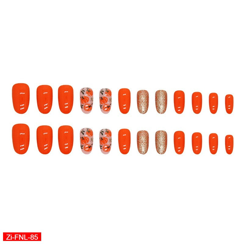 Orange Cute Crystal Pumpkin Glitter Fake Nails  - 24Pcs
