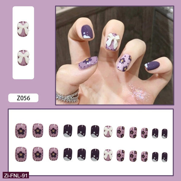 Purple Floral Design Fake Nails  - 24Pcs