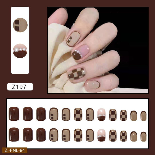 Retro Checkerboard Pearl Manicure Fake Nails  - 24Pcs