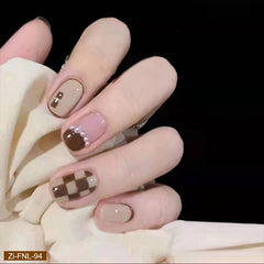 Retro Checkerboard Pearl Manicure Fake Nails  - 24Pcs