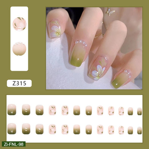 Fresh Green Spring Camellia Pearl Pink Fake Nails  - 24Pcs
