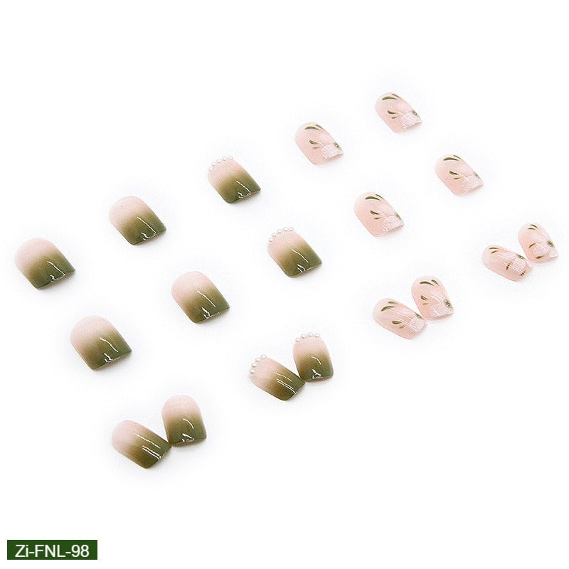 Fresh Green Spring Camellia Pearl Pink Fake Nails  - 24Pcs