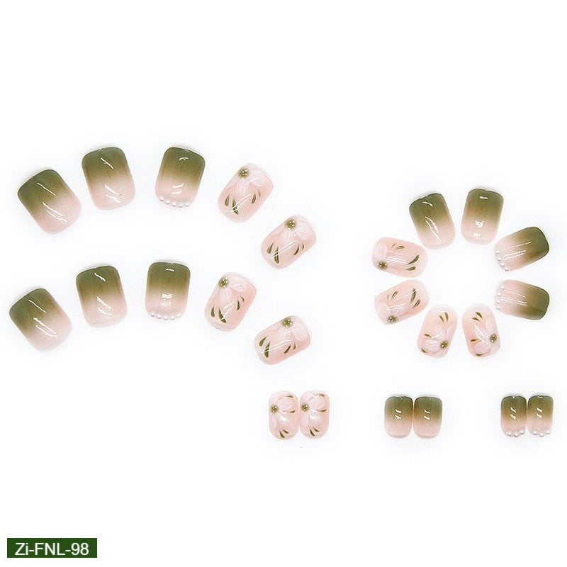 Fresh Green Spring Camellia Pearl Pink Fake Nails  - 24Pcs