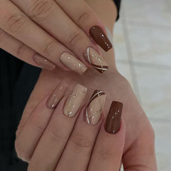 Glitter Quilted Milk Coffee Brown Fake Nails - 24Pcs