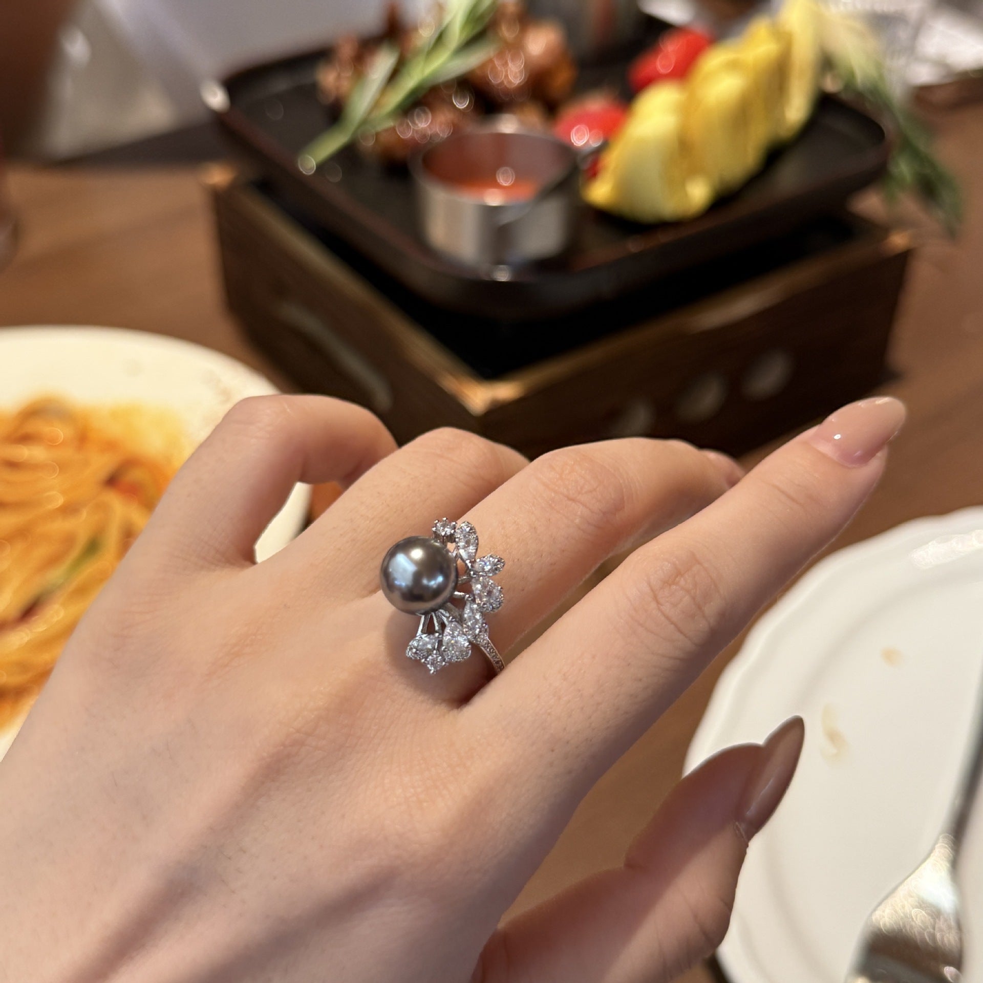 Geometric Hollow Pearl Ring - Adjustable