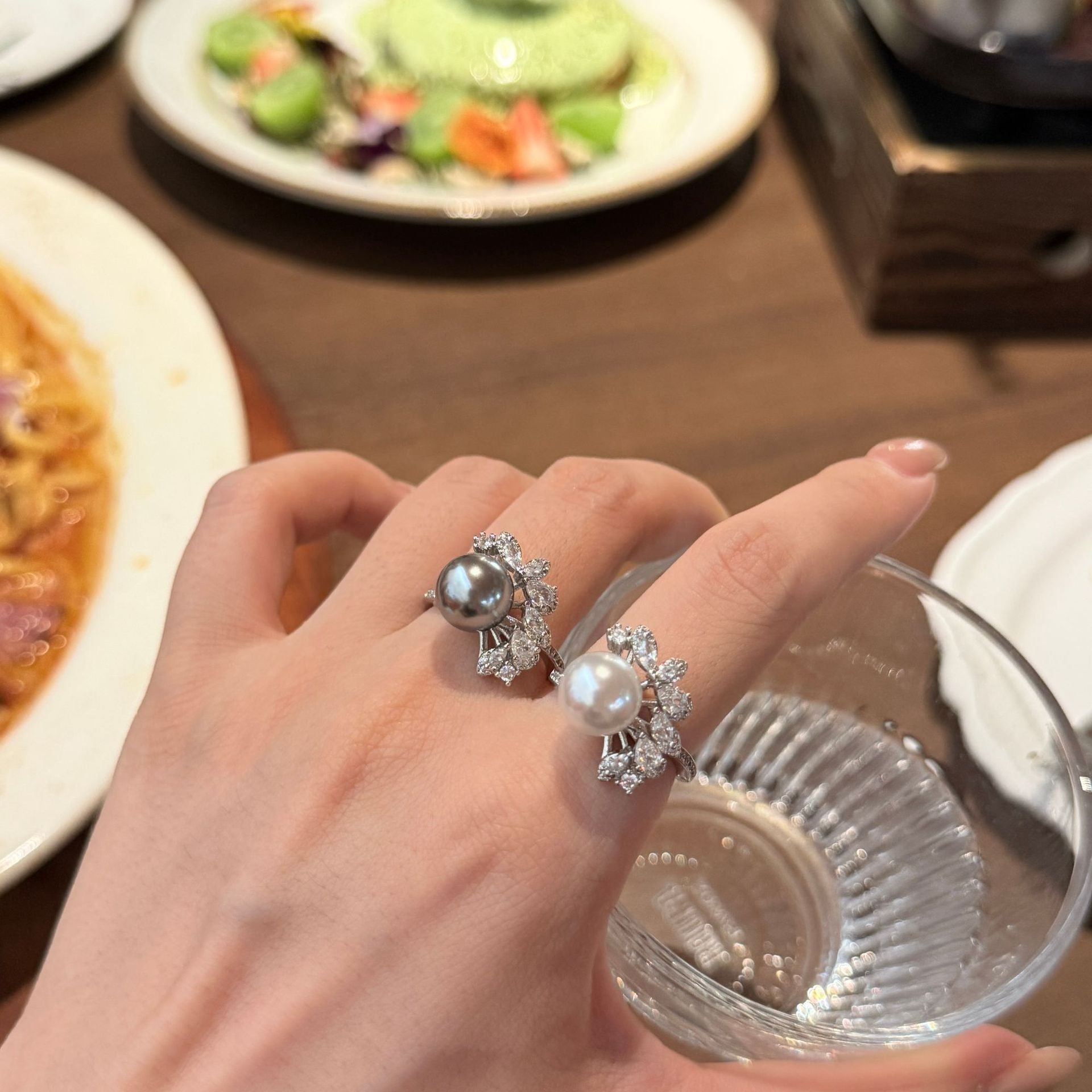 Geometric Hollow Pearl Ring - Adjustable