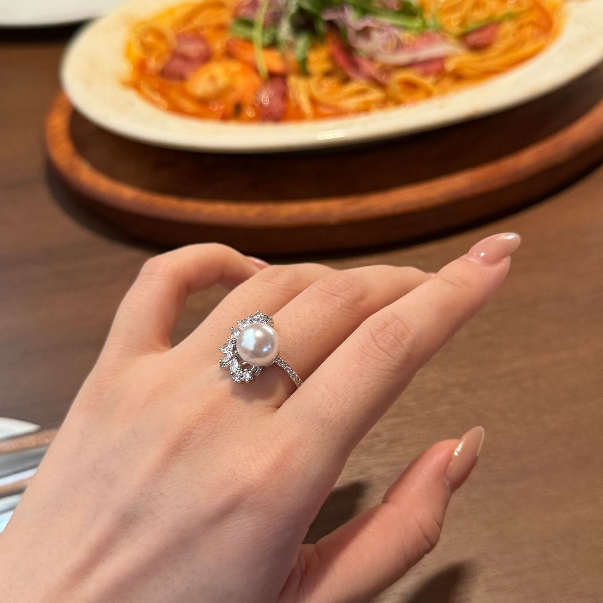 Geometric Hollow Pearl Ring - Adjustable