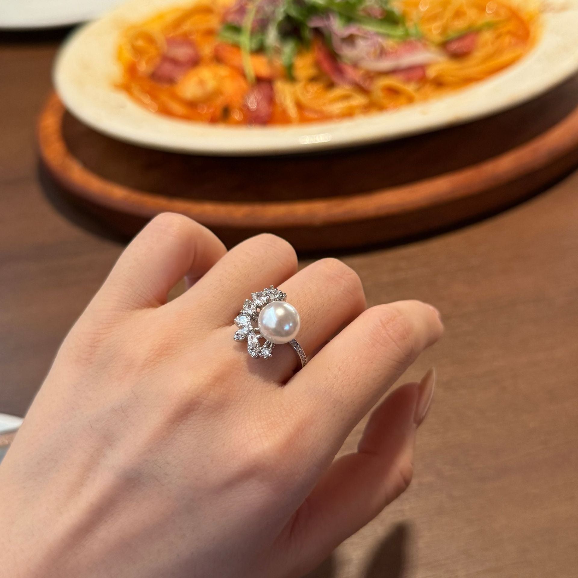 Geometric Hollow Pearl Ring - Adjustable