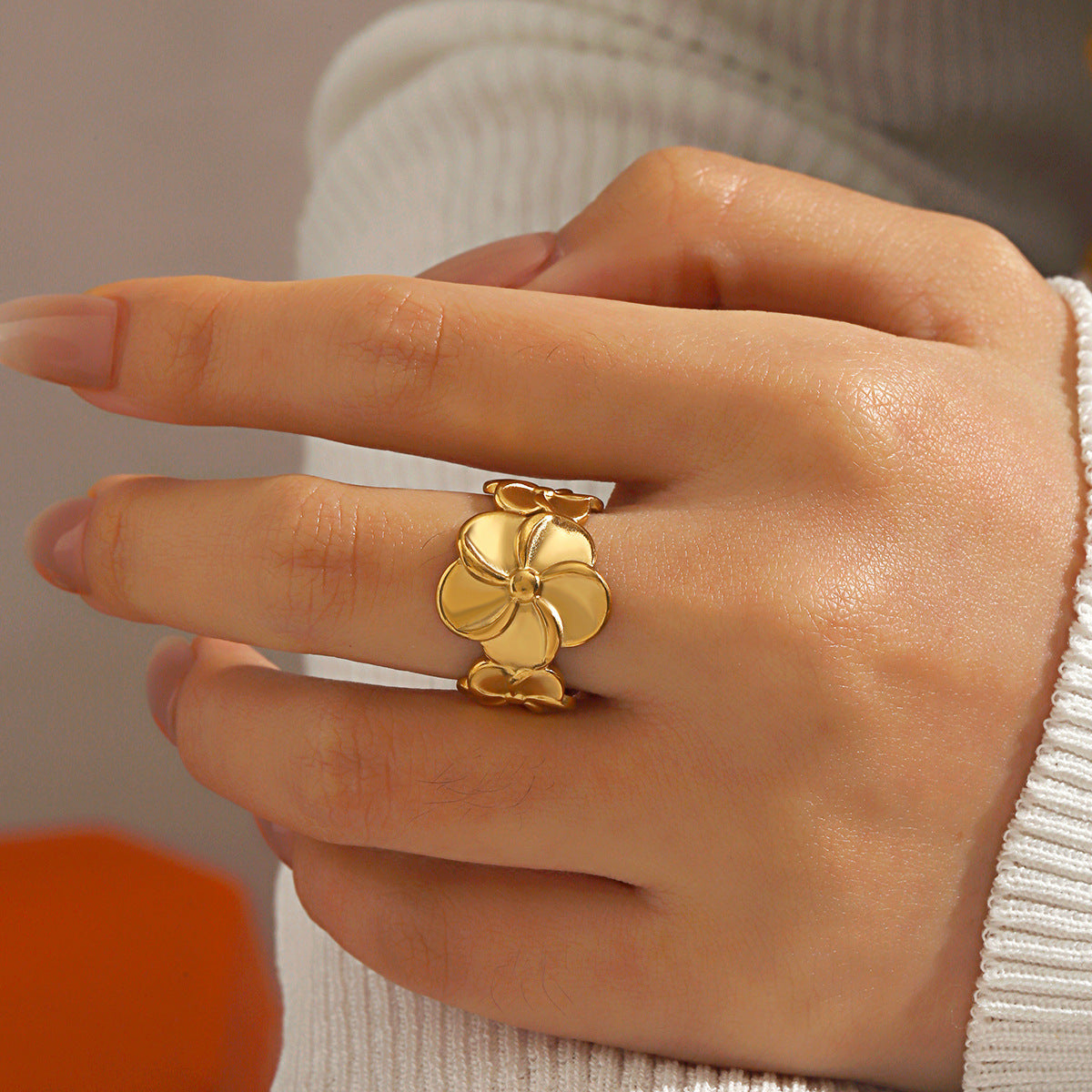 SRNG-52 - Glossy Floral Stainless Steel Ring - Adjustable