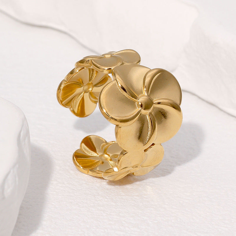 SRNG-52 - Glossy Floral Stainless Steel Ring - Adjustable