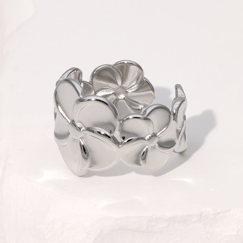 SRNG-52 - Glossy Floral Stainless Steel Ring - Adjustable