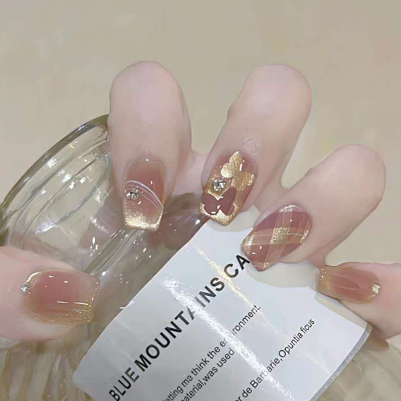 Gold Foil Butterfly Cat Eye's Fake Nails - 24Pcs