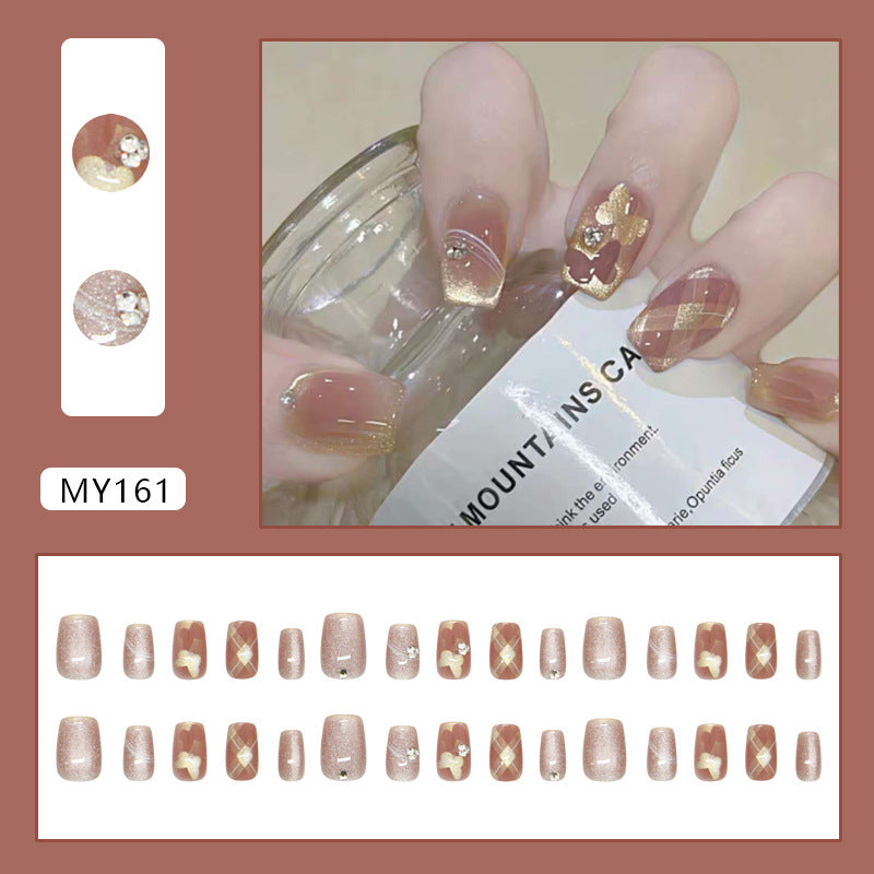 Gold Foil Butterfly Cat Eye's Fake Nails - 24Pcs