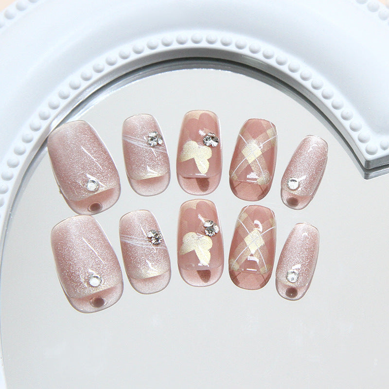 Gold Foil Butterfly Cat Eye's Fake Nails - 24Pcs