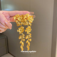 Golden Color Flower Tassel Earrings