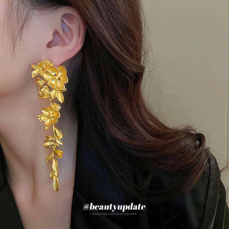 Golden Color Flower Tassel Earrings