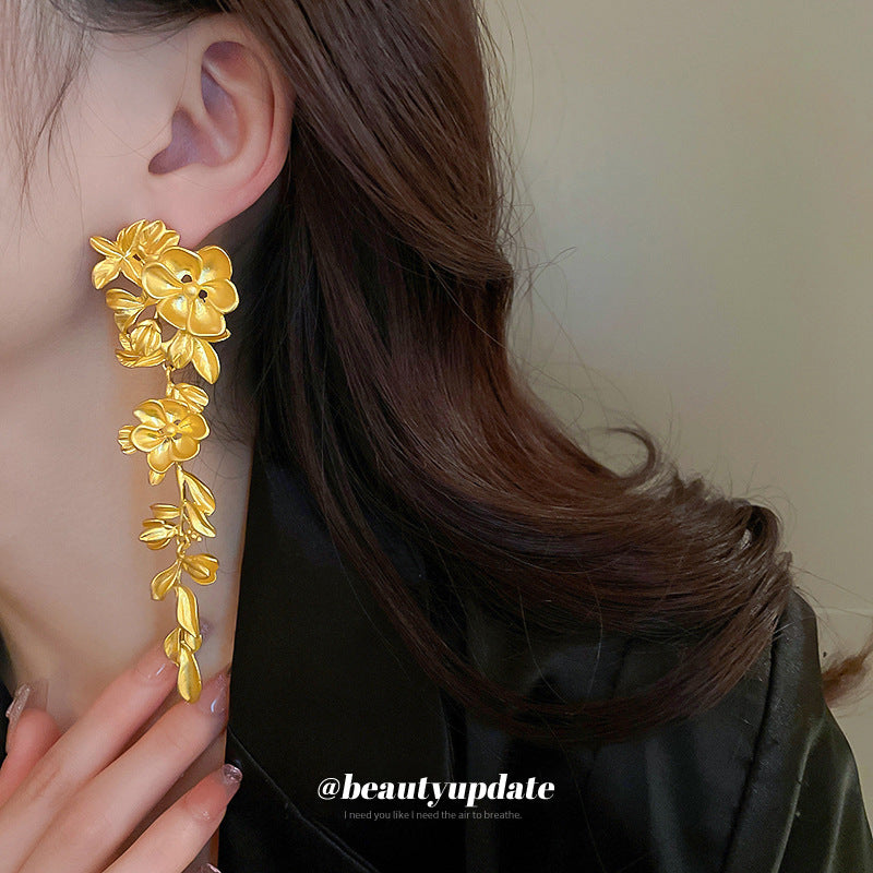 Golden Color Flower Tassel Earrings