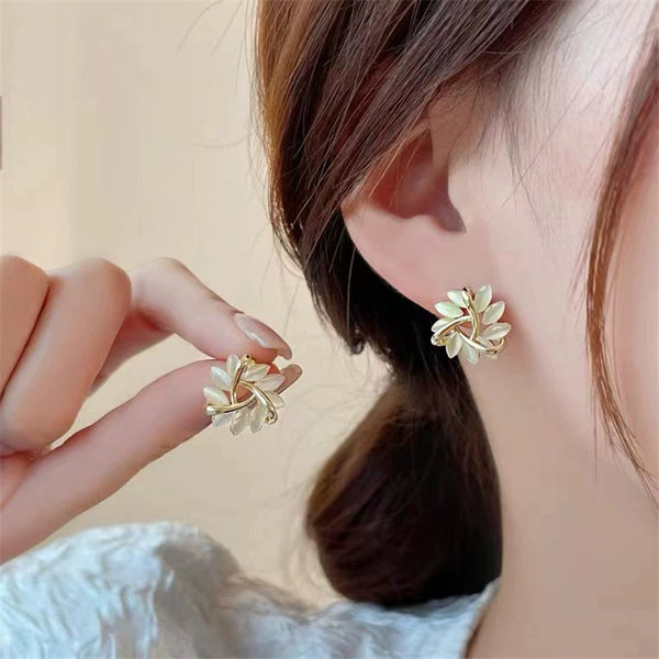 Golden Leaf Pearl Stud Earrings