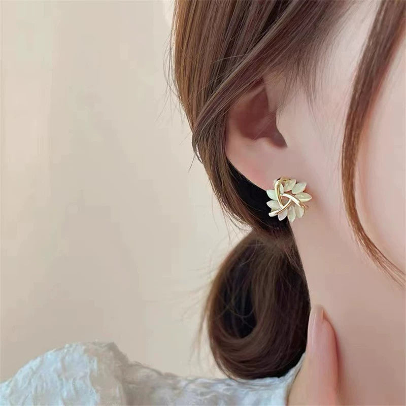 Golden Leaf Pearl Stud Earrings