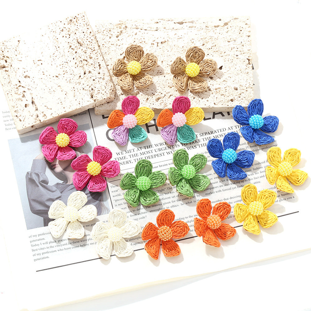 Hand-Woven Raffia Flower Earrings
