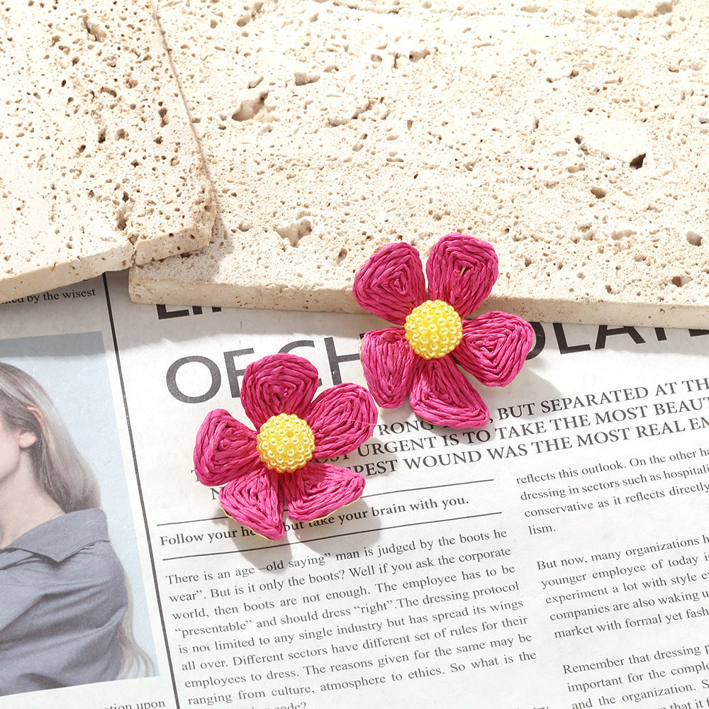 Hand-Woven Raffia Flower Earrings