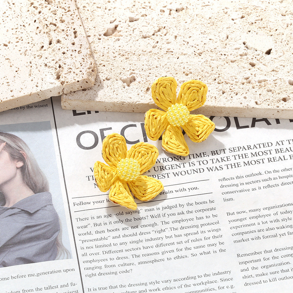 Hand-Woven Raffia Flower Earrings