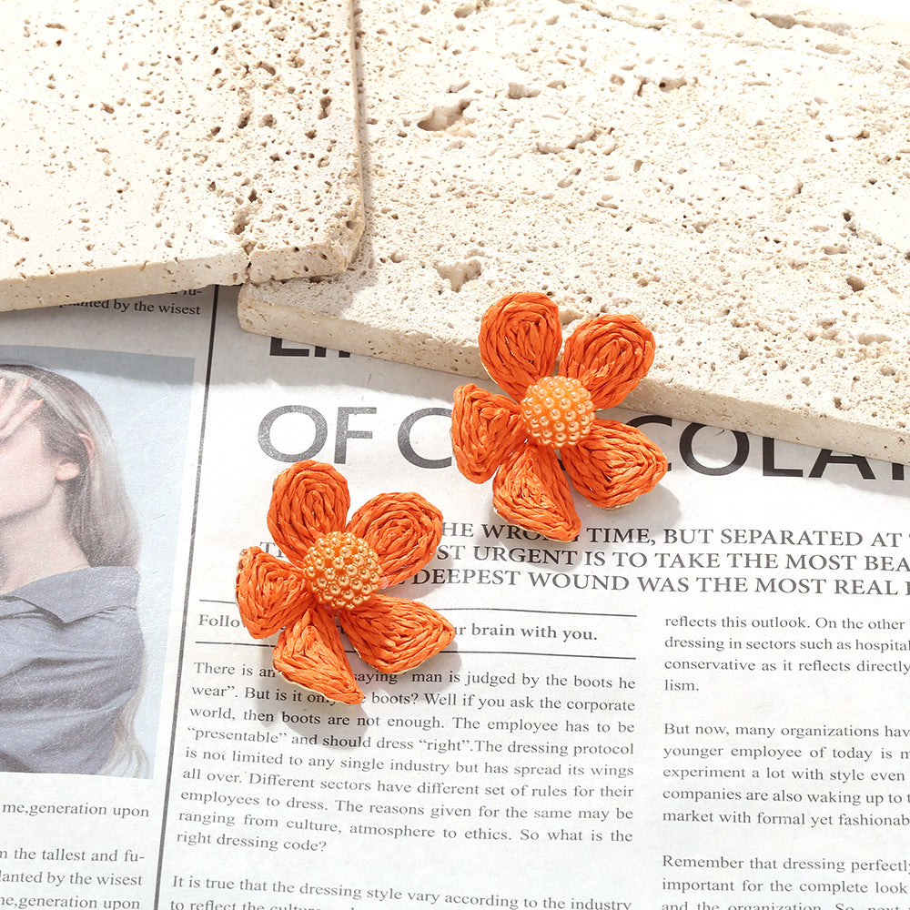 Hand-Woven Raffia Flower Earrings