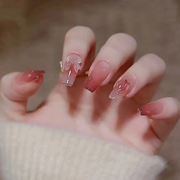 Ice-Transparent Net Red Blush Fake Nails - 24Pcs