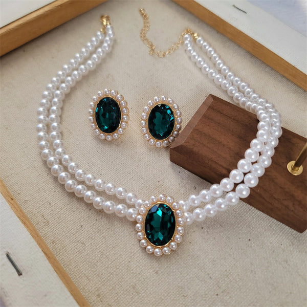 Elegant Pearl Necklace Emerald Double Clavicle Chain