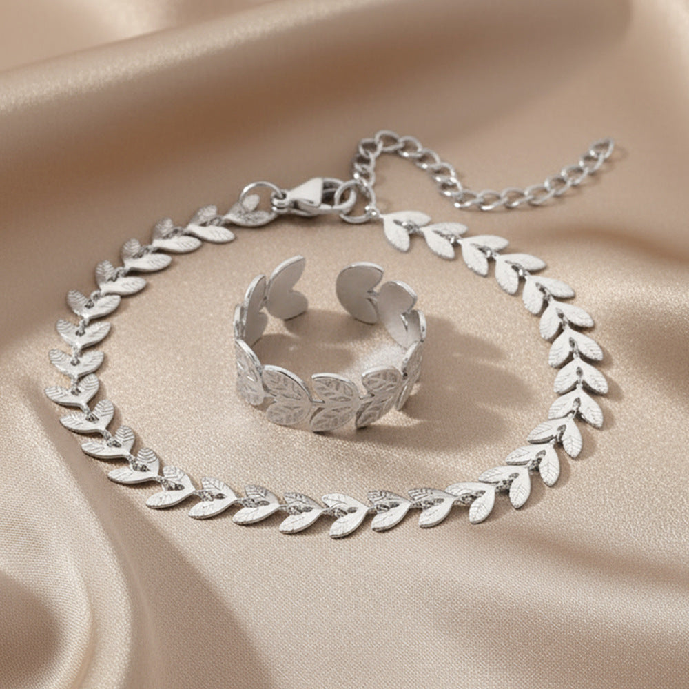 SJWSET02 - Leaf Bracelet & Ring Stainless Steel