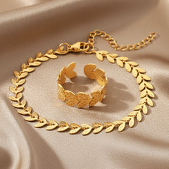 SJWSET02 - Leaf Bracelet & Ring Stainless Steel