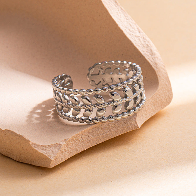 SRNG-33 - Leaf Stainless Steel Ring - Adjustable