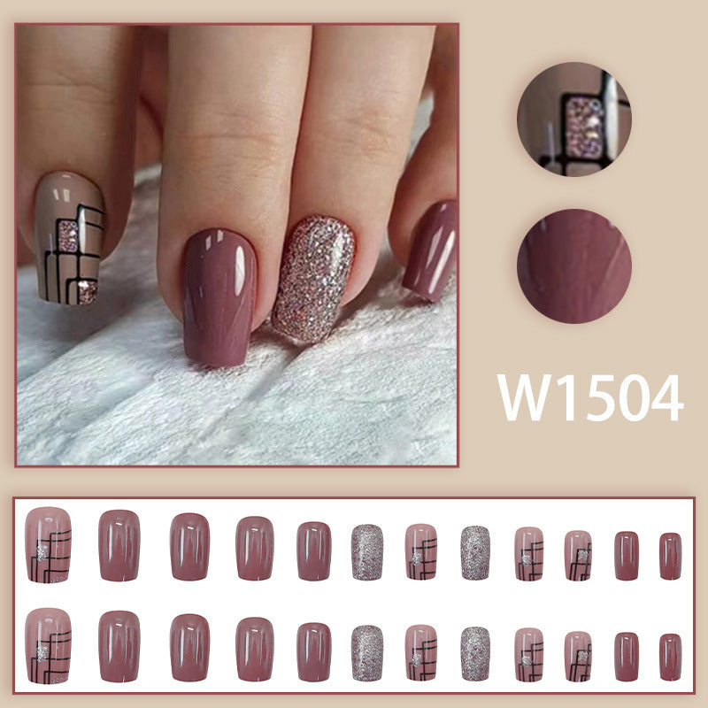 Line Pattern Short Fake Nails - 24Pcs