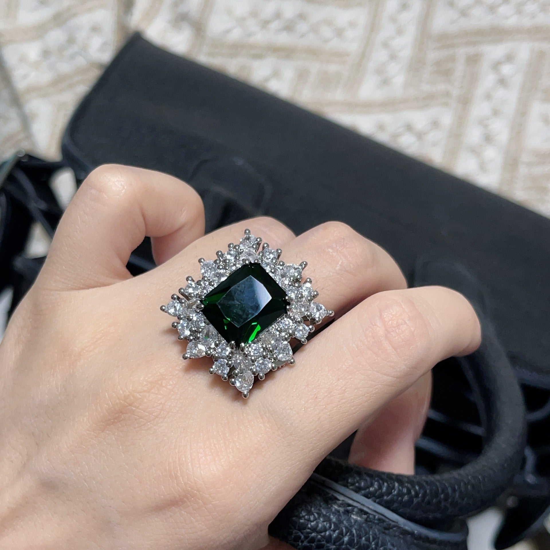 Luxury Green Zircon Open Ring - Adjustable