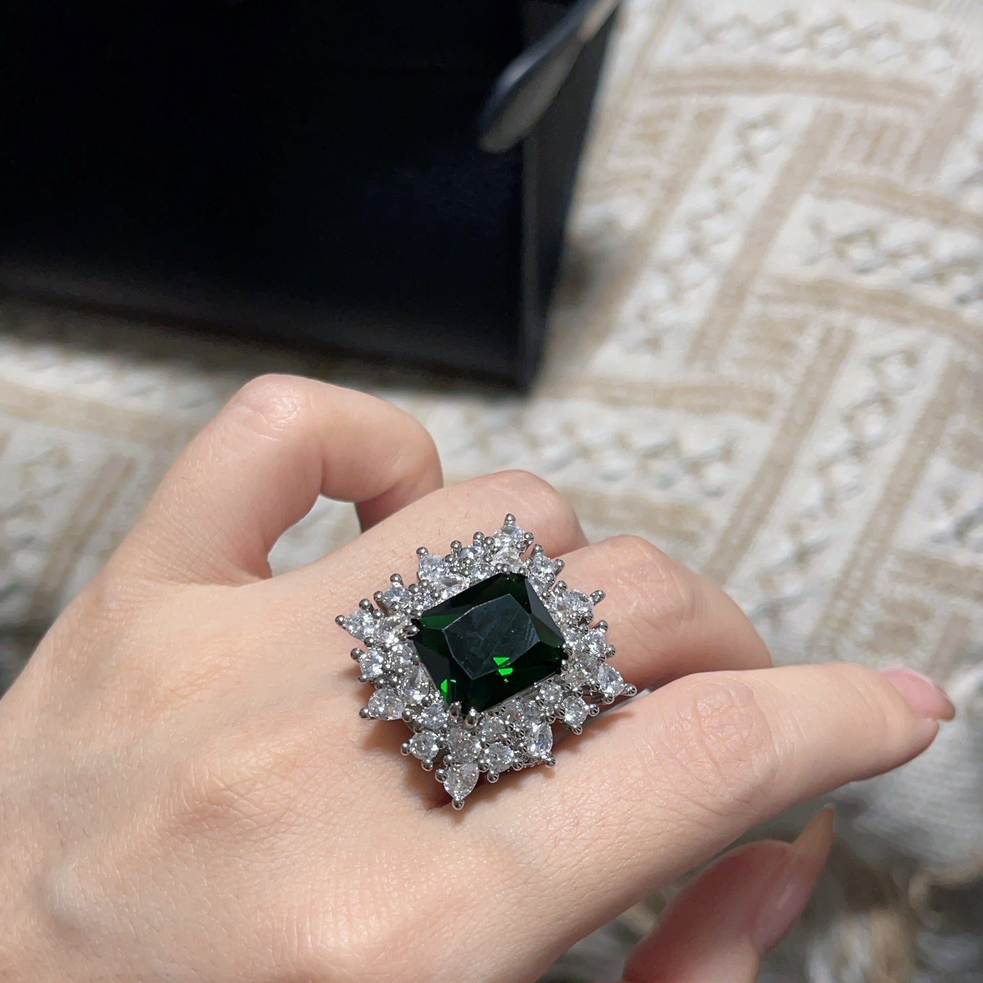 Luxury Green Zircon Open Ring - Adjustable