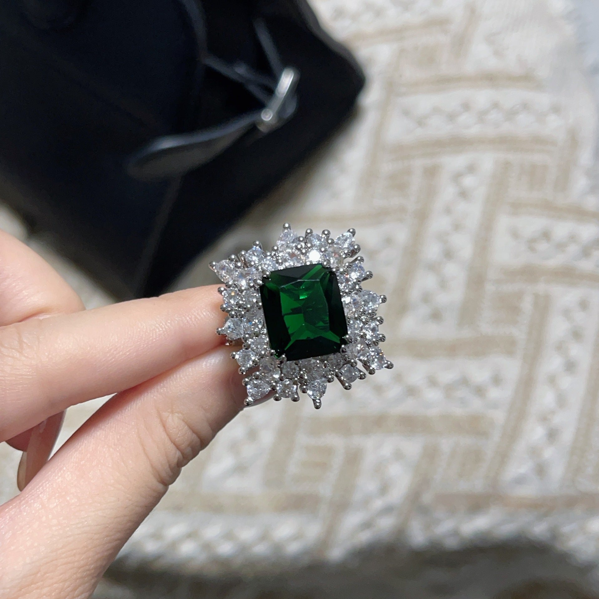 Luxury Green Zircon Open Ring - Adjustable