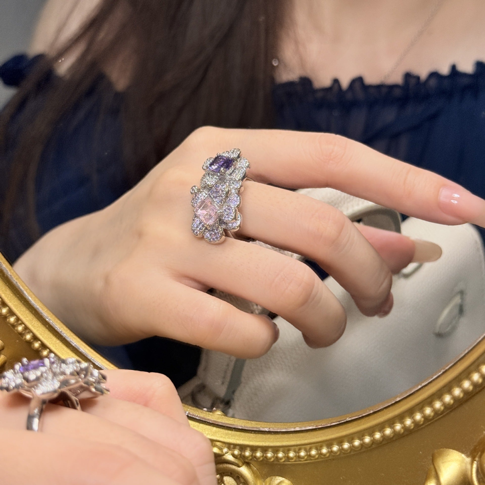 Minimalist Double Flower Ring - Adjustable